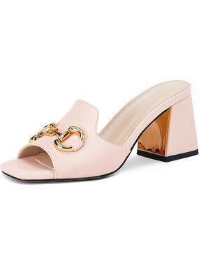 Women's Pink Comfort Mules Single Band Metal Chain Slip-on Shoe Chunky Heels